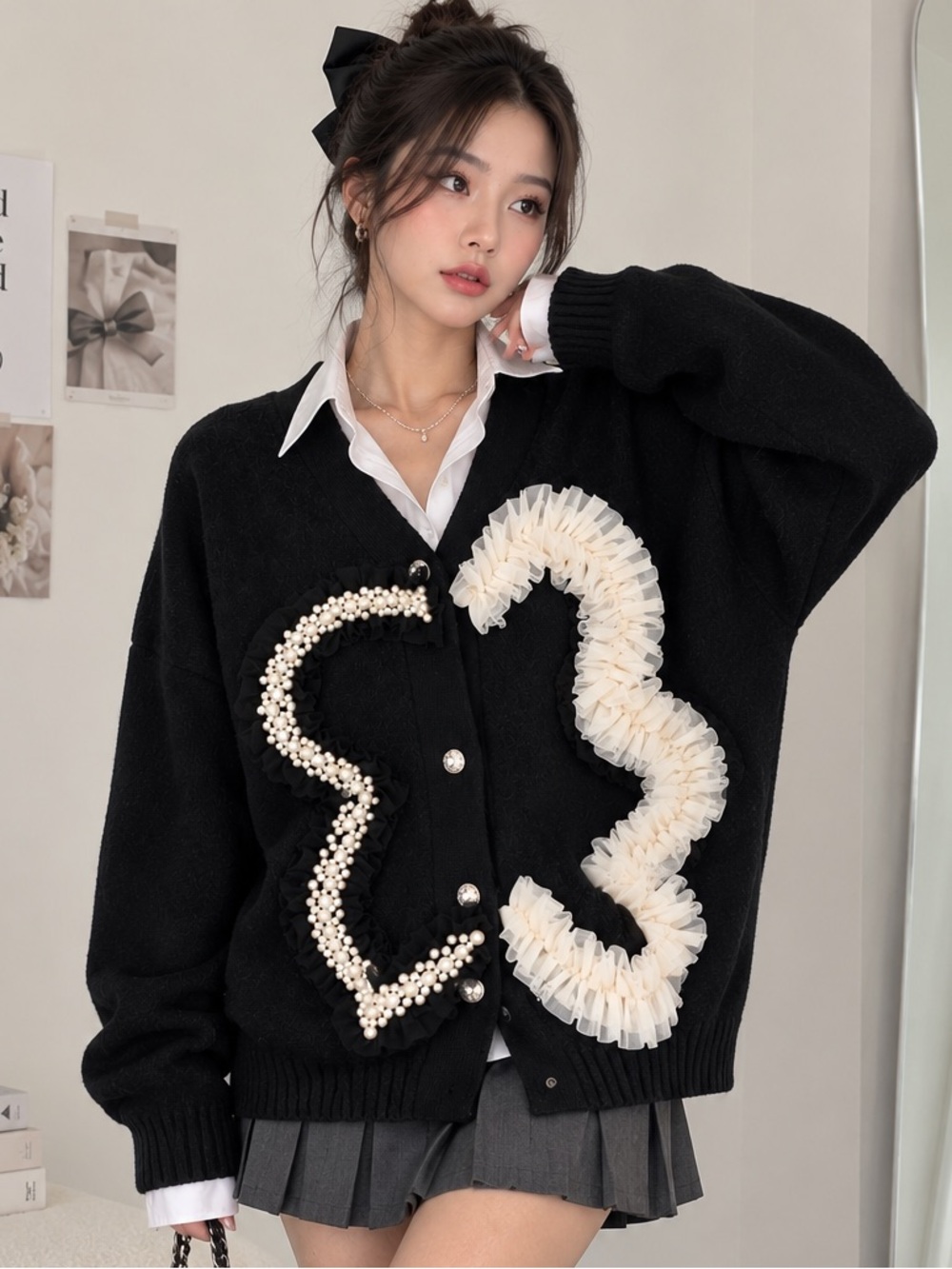 SOMESOWE Black Pearl & Tulle Flower Cardigan | Kpop Idol Style